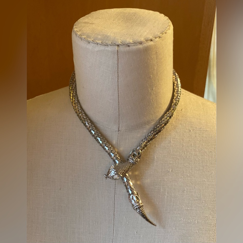 Vintage mesh snake necklace gemstone eyes silver